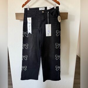 GOGO Jeans|Black Wide Leg Jeans with Pearl White Embroidered bows,Balletcore•••